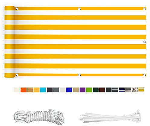 HERILIOS Balkon Sichtschutz, Balkonabdeckung 220 g/m² Innen Balkonverkleidung UV-Schutz (210Größen&21Farben) mit Ösen Kabelbinder und Kordel für Balkongeländer Terrasse,80X800CM Gelb-weiß gestreift
