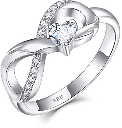 Starchenie oändlighet ring 925 sterlingsilver hjärta födelsesten vingar förlovningsring för kvinnor, Sterlingsilver, Kubisk zirkonia