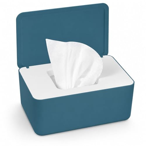Wet Wipes Box with Flip Lid, Blue White Wet Wipes Dispenser Box for Baby Wipes, Tissue Holder and Napkin Holder, Wipes Dispenser for Bathroom, Bedroom, Kitchen, Office, Nursery and Changing Area