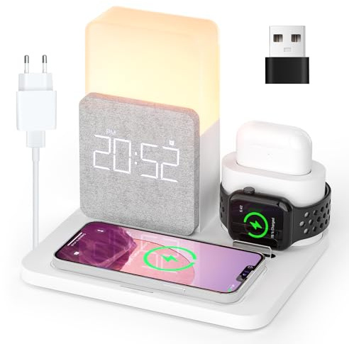 Wireless Charger, COLSUR 3 in 1 Induktive Ladestation 15W Kabelloses Ladegerät und Nachtlicht, Wecker mit Ladestation, induktionsladegerät für iPhone 16/15/14/13/12/11/X/8 Pro Max/Mini/Plus