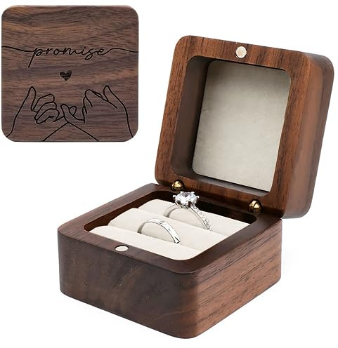 muchly Wooden Double Ring box，Rustic Ring Case,Solid Wood Square Jewelry Storage Box-ring bearer pillow for Wedding Ceremony, Engagement(White velvet)