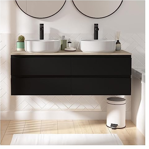 MOB-IN Set mit Doppelwaschbecken, Schwarz, Carbon, 120 cm + 2 Waschbecken + 2 Wasserhähne Sorrento