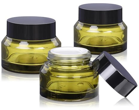 Glass Cosmetic Jars with Lids, 3 Pack Small Glass Jars, 30 ml Empty Makeup Containers for Sample, Cream, Lotion (1 oz, Green)
