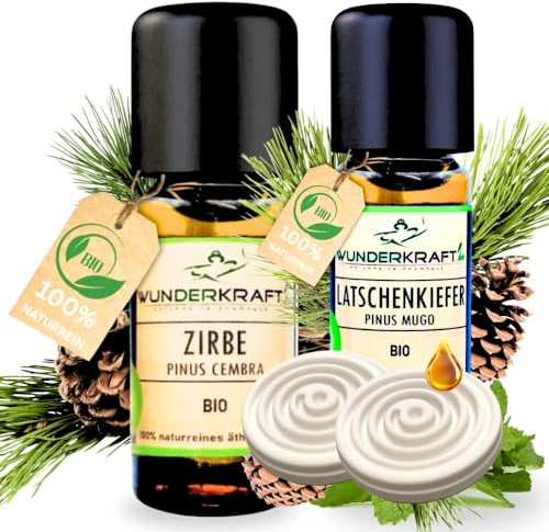 [Waldset] Reines BIO Latschenkieferöl + Zirbenöl und 2 Duftsteine im Set / 100% naturreines ätherisches bio Latschenöl von WUNDERKRAFT.BIO, Aromatherapie, Sauna, Massage & Diffuser geeignet. 2x10ml