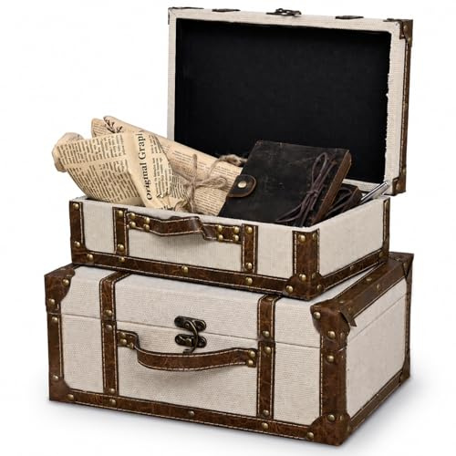 DECOR4SEASON Vintage Linen Fabric Decorative Box Set of 2 - Antique-Style Keepsake Chests for Coffee Table Decor, Mementos, and Elegant Bookshelf Styling
