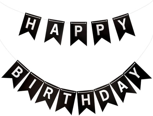 Black Happy Birthday Banner for Party Decorations - Durable Sign with Silver White Letters for Boys, Women & Men
