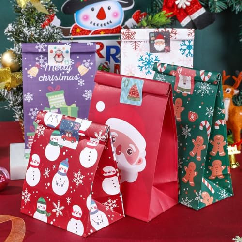 24 Stück Weihnachten Papiertüten Geschenktüten Süßigkeitentüten Kraftpapier Tüten Papier für Weihnachten Gastgeschenke Kindergeburtstag Hochzeit
