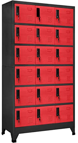 DJEKA Spind Schrank Metall 18 Fächer Metallschrank Spind Schrank abschließbar Schließfachschrank Wertfachschrank Aktenschrank Metallspind -Anthrazit und Rot-Mit 18 Schließfächern