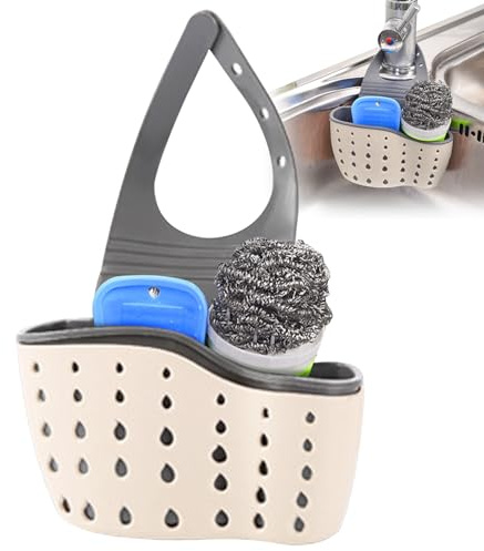 Hemore Porta di Spugna per Il lavandino della Cucina, Portafoglio di Spugna del lavandino da Cucina con Cinghia e Foro di Scarico Regolabili, Cestino Caddy del Rubinetto per Asciugatura (Beige)