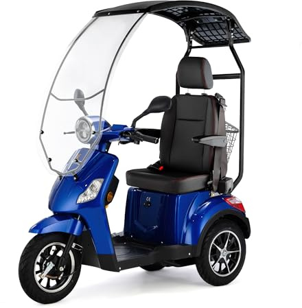 VELECO DRACO mit Kapitänssitz - 3-Rad Mobilitätsroller - hohe Rückenlehne - Dach mit Windschutzscheibe - montiert und fahrbereit - elektromagnetische Bremse - Elektromobil (Blau)