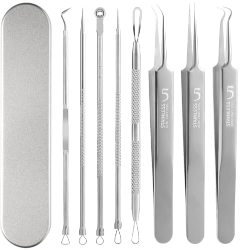 FEITA Pormaskborttagare komedonutdragare, ansikte svart huvud nål och böjd spets akne pincett kit med metalllåda, ansikte rostfritt finne borttagning verktygssats för näsa, silver 8 st