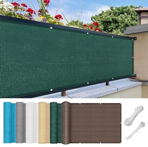 Balkon Sichtschutz Ohne Bohren 40 x 750 cm 100% Privatsphäre Balkonsichtschutz Balkonumspannungen mit Ösen Kabelbinder Und Kordel für Balkongeländer, Terrasse Garten, Dunkelgrün