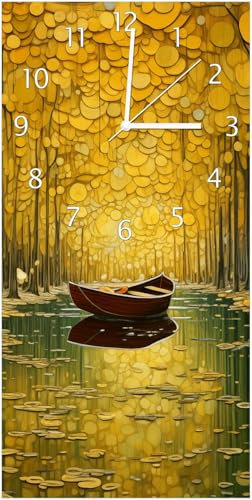 Wallario Design-Wanduhr Boot im goldenen Licht aus Glas, Motiv-Uhr Größe 30 x 60 cm, weiße Zeiger