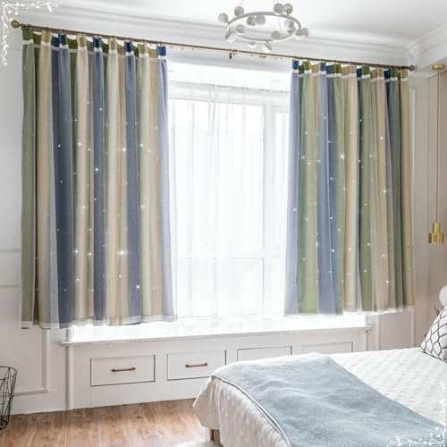 Beydodo Vorhänge Lichtdurchlässig mit Haken, Gardinen Wohnzimmer 2er Set Blau Gelb Grün 102x214CM mit Sternen Motiv Farbverlauf Doppellagig Romantisch Gardinen Halbtransparent Schlafzimmer
