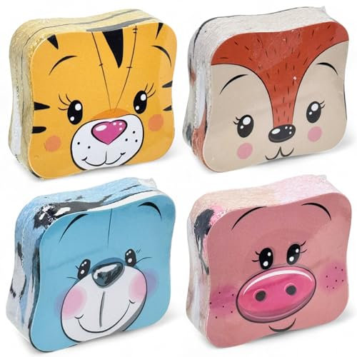 MIJOMA Set di 4 Panni Magici, Asciugamano per Bambini, Pensierino Tombola, 100% Cotone, Si Sviluppa in Acqua Calda (Amici degli Animali)