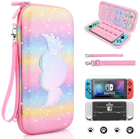 JYPS 10 en 1 Pochette de Transport Compatible avec Nintendo Switch OLED, Nouveau arc-en-ciel Étui Rigide de Housse avec poignée, Coque Switch pour Accessoire & Console pour Cadeaux Filles（Rosa)