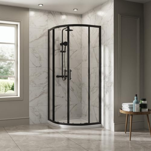 NRG 700x700mm Matte Black Framed Quadrant Shower Enclosure Sliding Door | Shower Cubicle Enclosures, Safety Tempered Glass, Space Saving, Wet Room, Easy to install, Bathroom