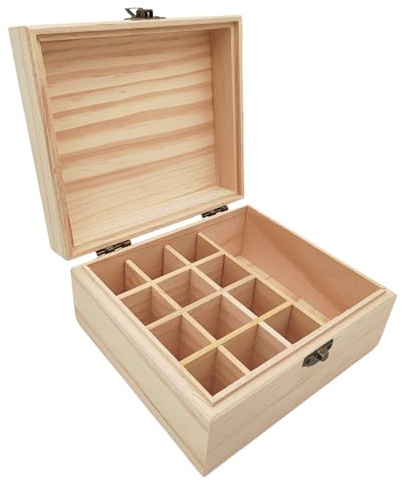 Anktily Aufbewahrungsbox aus naturbelassenem Holz mit 13 Fächern, 17 x 15 x 8,5 cm, Holzbox mit Verschluss für kleine Andenken, Schmuck, Teebeutel