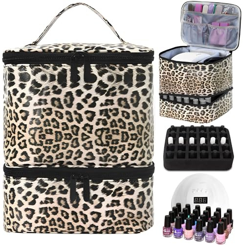 MZSX Double-Layer Nail Polish Storage, Holds 30 Bottles (15ml/0.5 fl.oz) and Nail Lamp, Nail Dryer Case, Nail Polish Organizer Bag, Travel Storage Bag for Manicure Set (Leopard Print)
