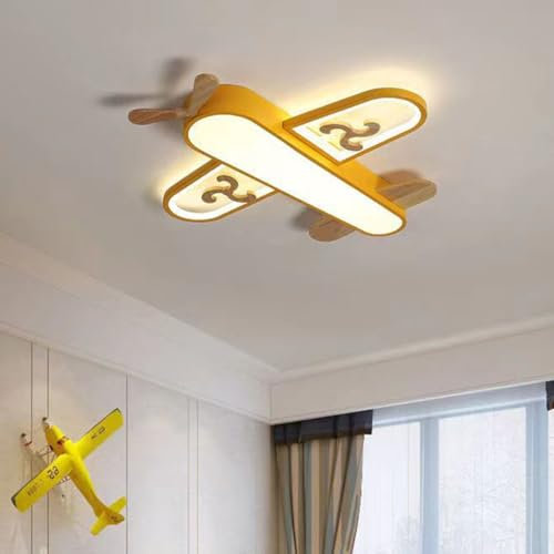 LED Holz Deckenleuchte Kreative Kinderzimmer Gelb Flugzeug Lampe Dimmbar Modern Kinder Schlafzimmer Deckenlampe mit Fernbedienung Mädchen Jungen Zimmer Cartoon Dekoration Kinderlampe Beleuchtung Ø55cm