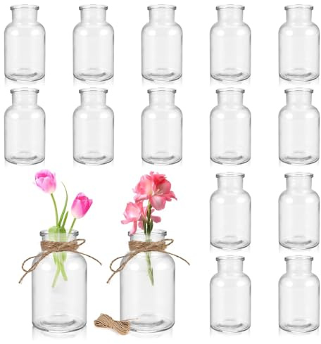 Cieex Kleine Glasvasen Set 16 Stück 10cm Hoch 125ml Blumenvasen | Mini Glasvasen Set mit 20m Juteschnur für Geburtstag Party Hochzeit Mittelstücke, Hochzeit Küche Esszimmer Wohnzimme Tischdek