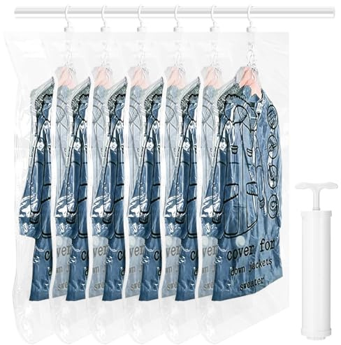 FAOKZE Vakuumbeutel für Kleidung 6 Stück,110x70cm Hängende Vakuumierbeutel Kleidung mit Handpumpe,platzsparende Vakuumbeutel für kleidersack vakuum für Kleider, Anzüge,Jacken