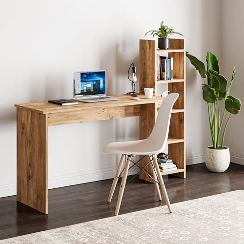 [en.casa] Scrivania con Scaffale Integrato Tavolo da Ufficio Studio con Piano 120 x 45 cm e Ripiani Laterali Postazione PC Lavoro con Scomparti Aperti per Archiviazione - Effetto Legno