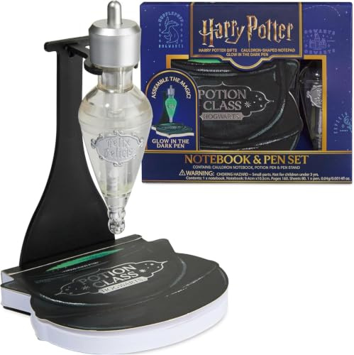 Harry Potter Notizbuch & Kugelschreiber Set, Kessel-Notizbuch & Glow-in-the-Dark Stift Zaubertrank-Flaschenform mit Ständer, Hogwarts Schreibwaren (Schwarz Kessel)