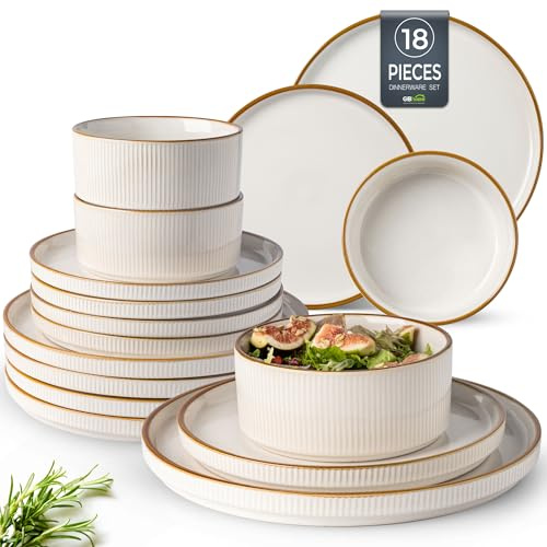 GBhome Stoneware Dinner Sets for 6 People, 18 Pieces Reactive Glaze Handcrafted Plates and Bowls Set, Scratch Resistant Dinnerware Set, Dishwasher & Microwave Safe Crockery Set, White