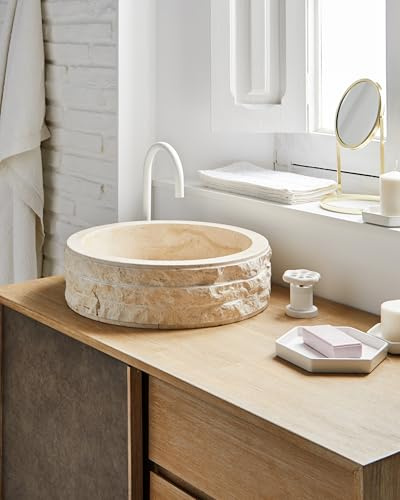 MG Valencia CALI Vasque à Poser en Pierre. Lavabo Salle de Bain Crème, Vasque Ronde à Poser, Lavabo WC, 100% Marbre, Design Minimaliste, LxLxH:40 x40x15cm