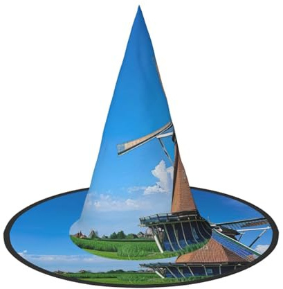 DUWAA Windmill Blue Print Witch Hat, Wizard Hat Cosplay Accessories For Halloween Costume Party Masquerade Carnivals-3pcs