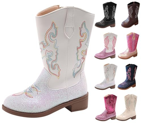 Stivali alti al ginocchio da cowboy per ragazze stivali da equitazione per bambini glitter Y2K in pelle lunga stivali da ballo punta rotonda tacco scarpe invernali per Natale, festival, carnevale