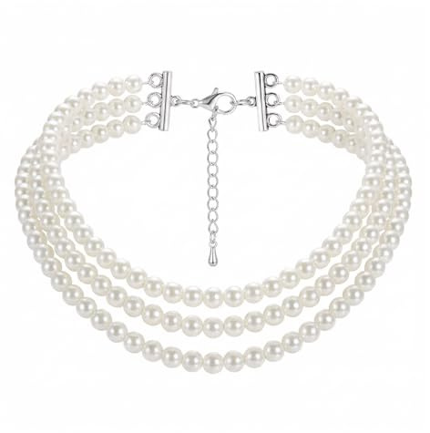 ASFWAGQ 1920er Jahre Halskette Damen - Mehrreihiger Choker mit Imitat Perlen, Kurze Brautkette elegant für Hochzeit, Gatsby Party, Vintage Look & Abendmode | 20s Schmuck Accessoires