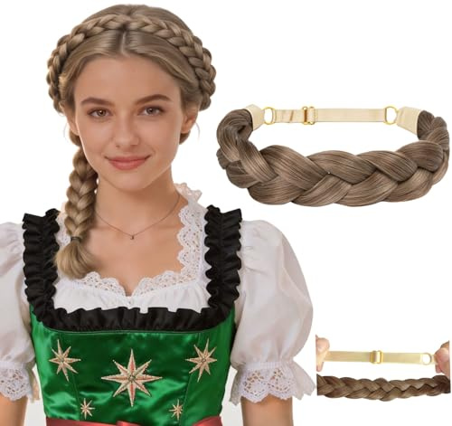 Breites Geflochtenes Haarband für Dirndl Damen, Verstellbares Geflochtener Zopf Haarband 3 Strängen Kunsthaar, Trachten Haarreif Haarteil Extensions für Haarschmuck Oktoberfest Hochzeit (H21-12/24)