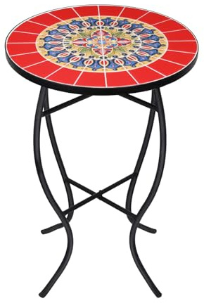 hotsizz Table de Jardin 52 x 35 x 35 cm, avec Motif mosaïque, Plateau métallique et carrelage combinés, Table Jardin Ronde idéale pour Le Jardin, Le Balcon ou Le Salon (Rouge)