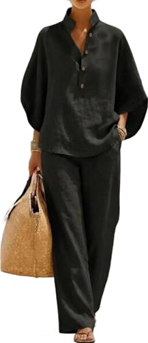 Di Yi Jia1 Set da Donna in Lino a Due Pezzi, Camicetta a Bottoni a Bottoni a Maniche Batwing a Maniche a V e Pantaloni a Gamba Larga, Set Lounge Casual