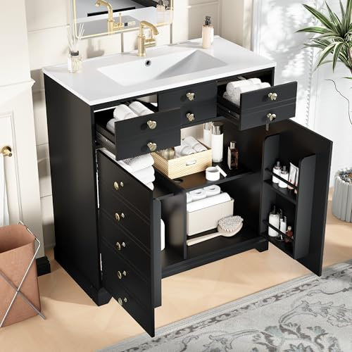 NADEUSAK Armadietto bagno nero con oro, con lavabo in ceramica, cassetti e armadietto, mobili da bagno moderno
