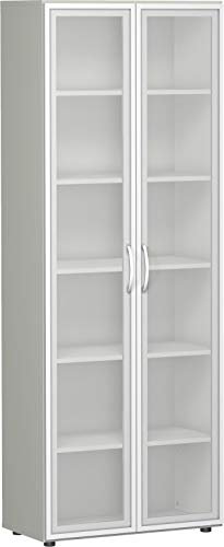 Gera Möbel S-386821-LG Glasflügeltürenschrank Mailand 6 OH mit Holzrahmen und Standfüßen, 80 x 42 x 216 cm, lichtgrau