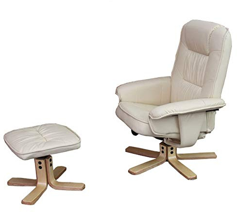 Mendler Relaxsessel M56 Kunstleder Eukalyptus Holz - Creme | Fernsehsessel, TV-Sessel, mit Hocker, Ottomane, FSC®-Zertifiziert