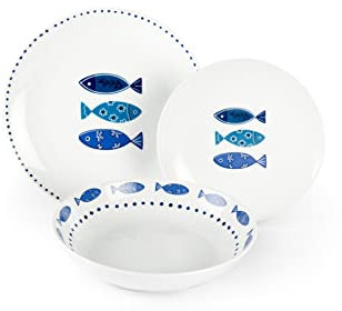 Excelsa Ocean Service de Table en Porcelaine, 18 pièces, Blanc/Bleu