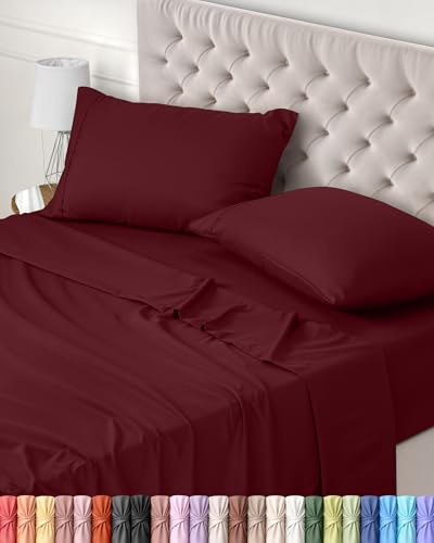 Utopia Bedding - Set Lenzuola Letto Matrimoniali 4 Pezzi 180x200 cm - Spazzolata Poliestre di Microfibra - Oeko-Tex Certificato - Lenzuolo con Angoli, Lenzuolo Piatto e 2 Federe 50x75, Bordeaux