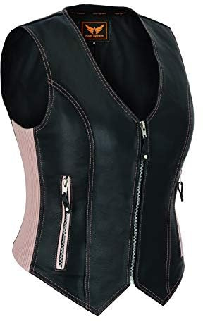 A&H Apparel Womens Bicker Classic Genuine Cowhide Leather Motorcycle Vest side Stretch Panel Gun Pocket Vest (Pink, Large, l)