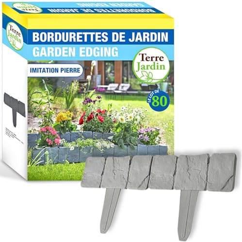 TERRE JARDIN - Bordures de Jardin, Imitation Pierre, Lot de 80 Bordurettes, Longueur Linéaire 20 m - Bordures de Gazon de 25 x 1 x 23 cm avec Pied - Délimiteur de Pelouse