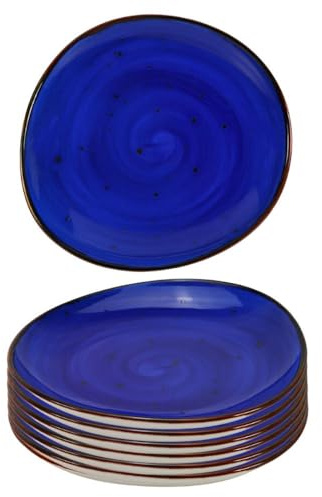 Kadum Keramik Teller 6-er Set | Essteller mit Farbglasur Ø 21 cm | Vorspeisenteller Speiseteller Frühstücksteller | 6 Kuchenteller | Salatteller Dessertteller (Blau)