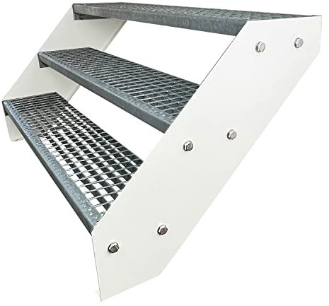 Kaminbau Mierzwa Premium Stahl Treppe Verzinkt & Weiß Pulverbeschichtet 3 Stufen (Breite 100 cm) (Höhe 57 cm) Wetterfest Gitterroststufe Gartentreppe