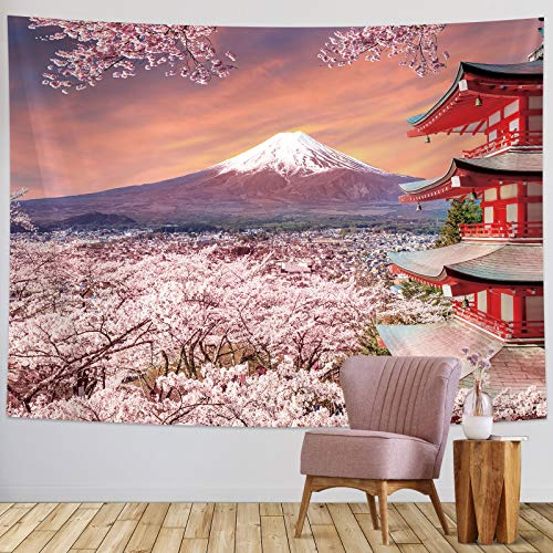 YATEICBC Japanisch Wandteppich Hintergrund Wandbehang Asiatischer Fuji Berg Foto Banner Hintergrund Japanische Pagode Wandkunst mit Kirschblüten Kunst Natur für Wohnzimmer (78,7 x 59,1 Zoll)