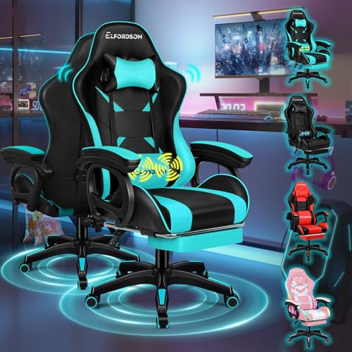 ELFORDSON Gaming Chair with 2-Point Massage Cushion, Computer Chairs for Home Office, Head Pillow High Back 150° Recliner, for Kids Adults, Cyan and Black