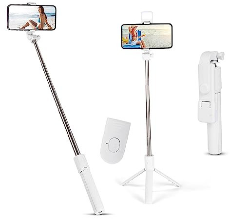 flintronic Perche Selfie, Perche à Selfie Trépied avec Télécommande Bluetooth Amovible et Lumière d’Appoint, 70cm Bâton Selfie Extensible Télescopique pour iPhone et Android