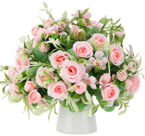 Kisflower Künstliche Rosen, 4 Sträuße – künstliche hellrosa Rose mit Stielen, Seidenrosensträuße für Hochzeit, Party, Garten, Zuhause, elegante Tafelaufsätze, Dekoration (Hellrosa)
