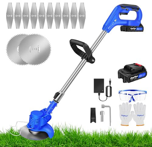 Cordless Strimmer 21V Electric Grass Trimmers Lightweight Battery Strimmer with 2x Saw Blades 15.5cm Cutting Diameter, 10x Metal Blades, Battery & Fast Charger for Garden Lawn Yard